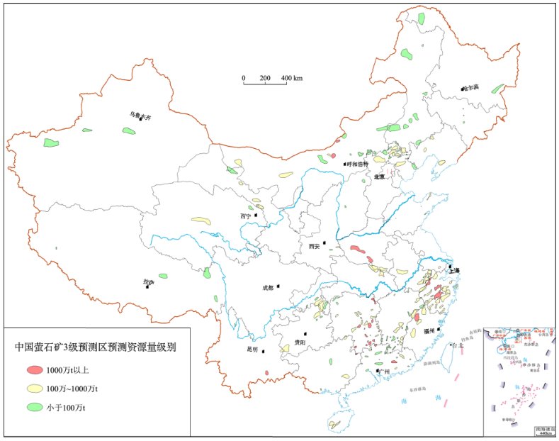 中国萤石矿3级预测区分布图